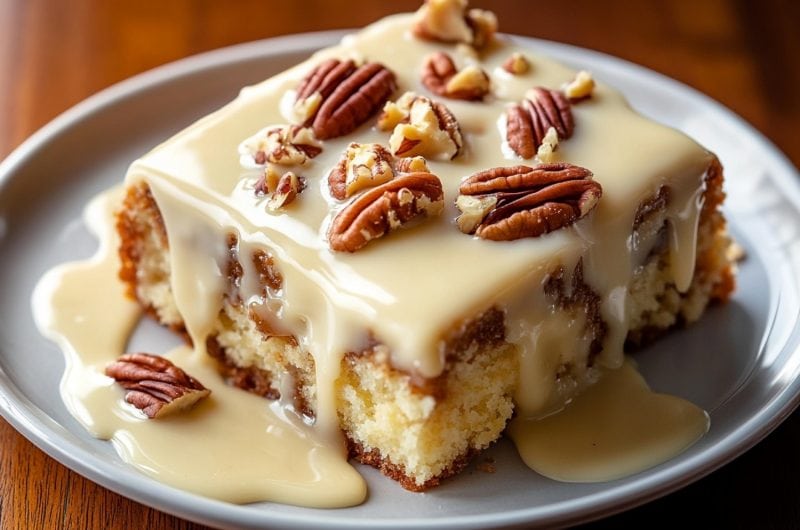 A Slice of Butter Pecan Praline Poke Cake with Pecans