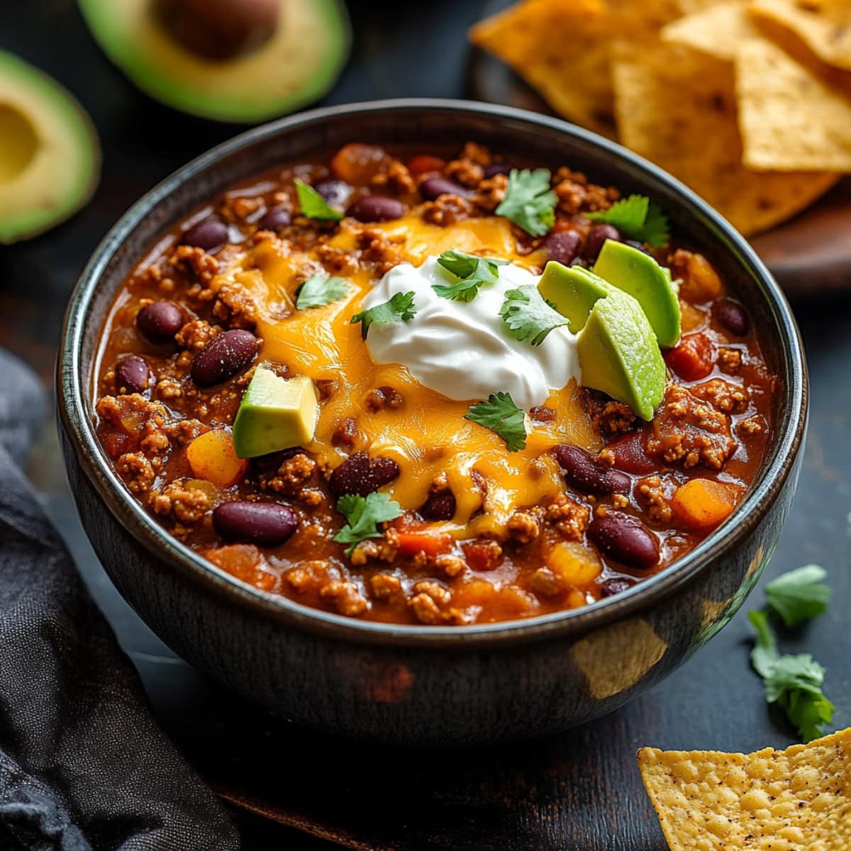 A bowl of pumpkin chili topped with sour cream