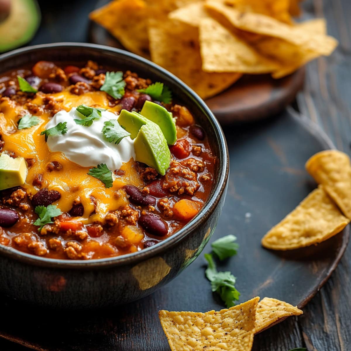 A bowl of pumpkin chili with tortilla chips