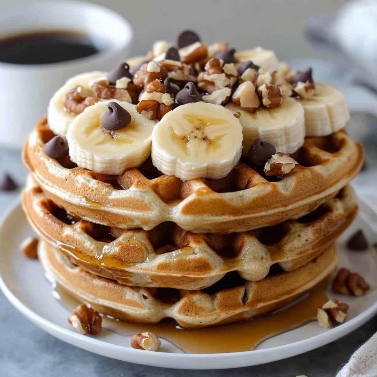 A stack of Banana Bread Waffles topped with chocolate chips, chopped nuts, bananas, and syrup