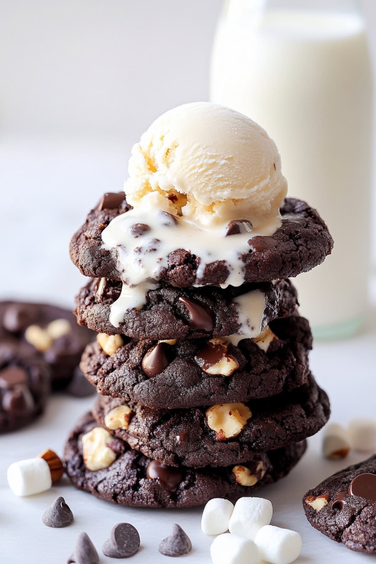 A stack of rocky road cookies with a scoop of ice cream on top