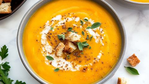 Warm and comforting acorn squash soup, its bright orange hue contrasted by a sprig of sage.