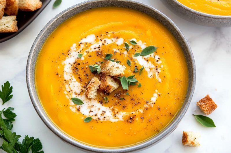 Warm and comforting acorn squash soup, its bright orange hue contrasted by a sprig of sage.