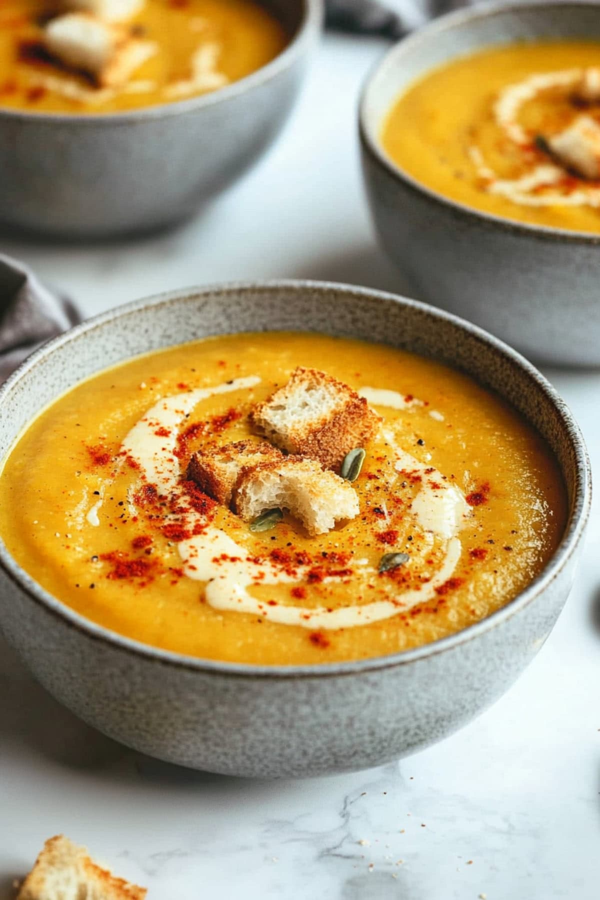 A bowl of creamy homemade acorn squash soup with croutons and chili.