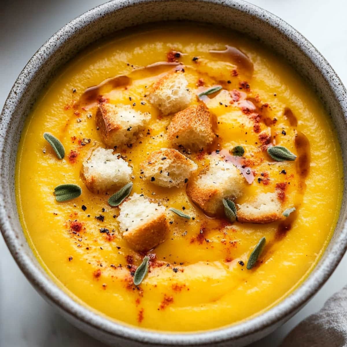 A close-up shot of creamy acorn squash soup in a bowl.