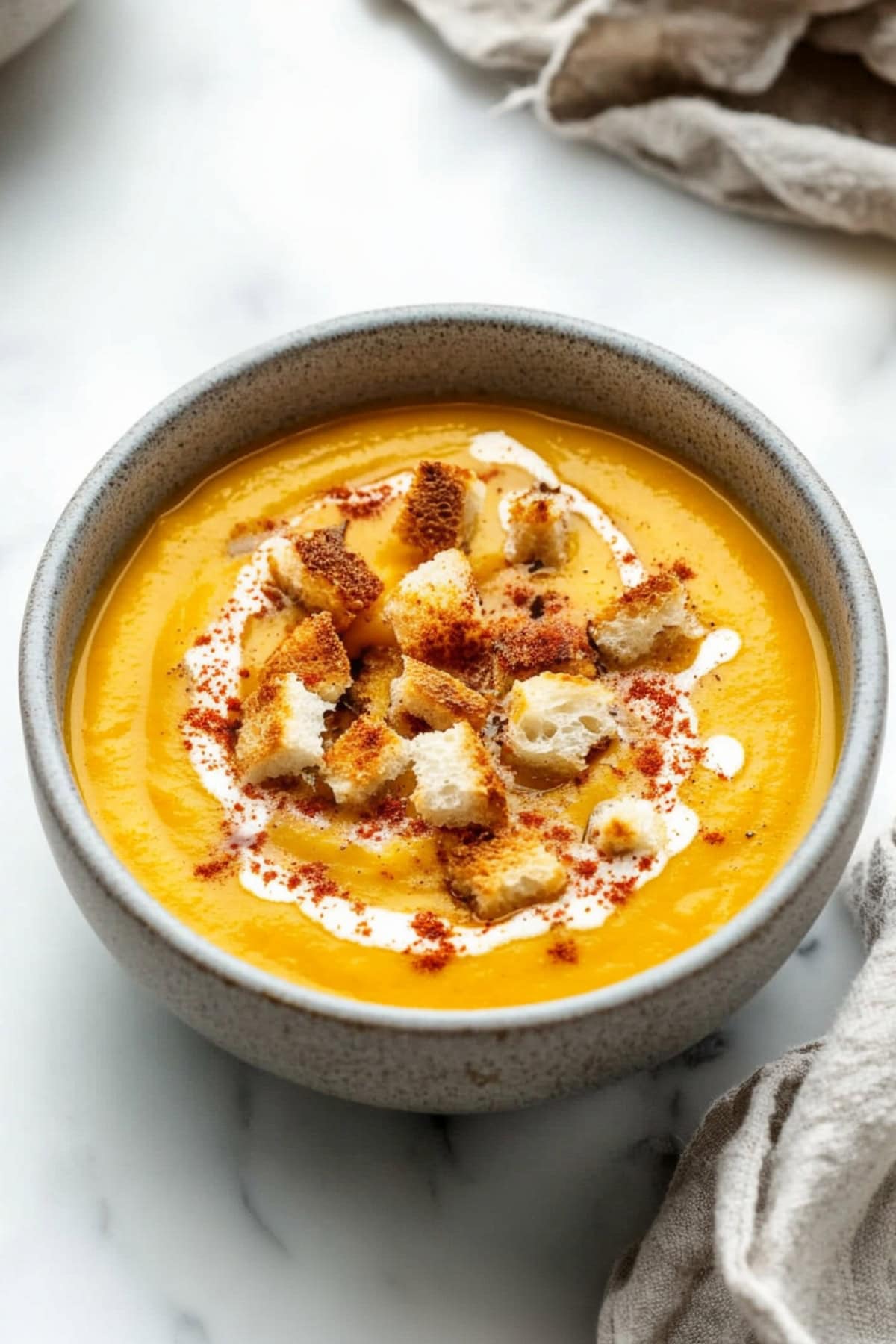 A bowl of rich, smooth acorn squash soup garnished with croutons.