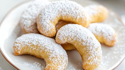 Almond crescent cookies served in a white plate, sprinkled with powdered sugar.