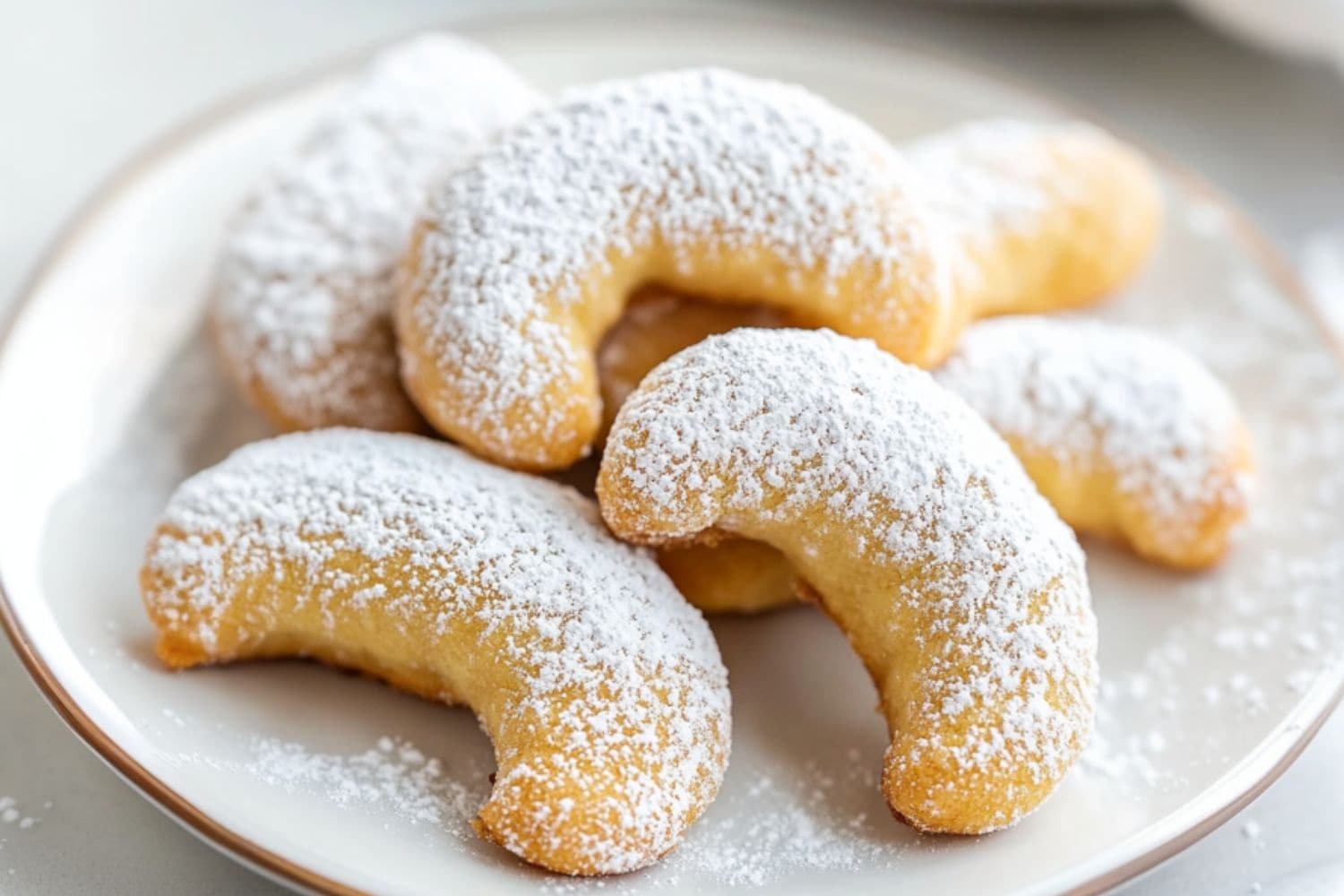 Almond crescent cookies served in a white plate, sprinkled with powdered sugar.