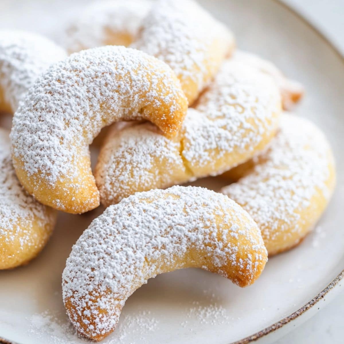 Powdered sugar coated crescent cookies served on a plate.