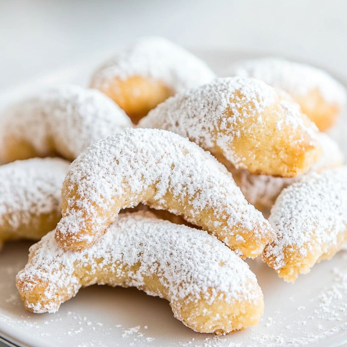 Almond Crescent Cookies on a white plate, side view