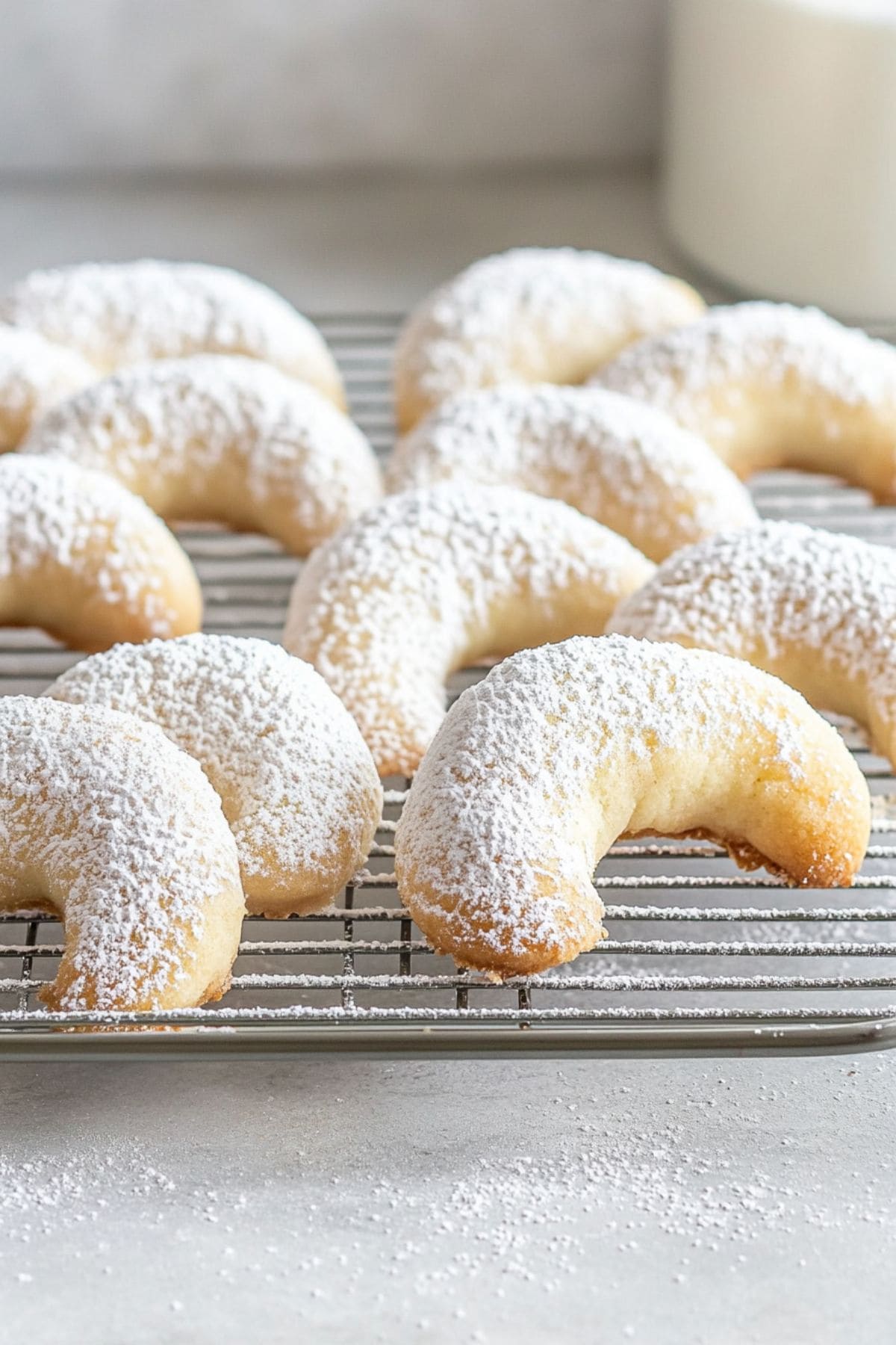 Freshly baked Almond Crescent Cookies on a wire rack dusted with powdered sugar