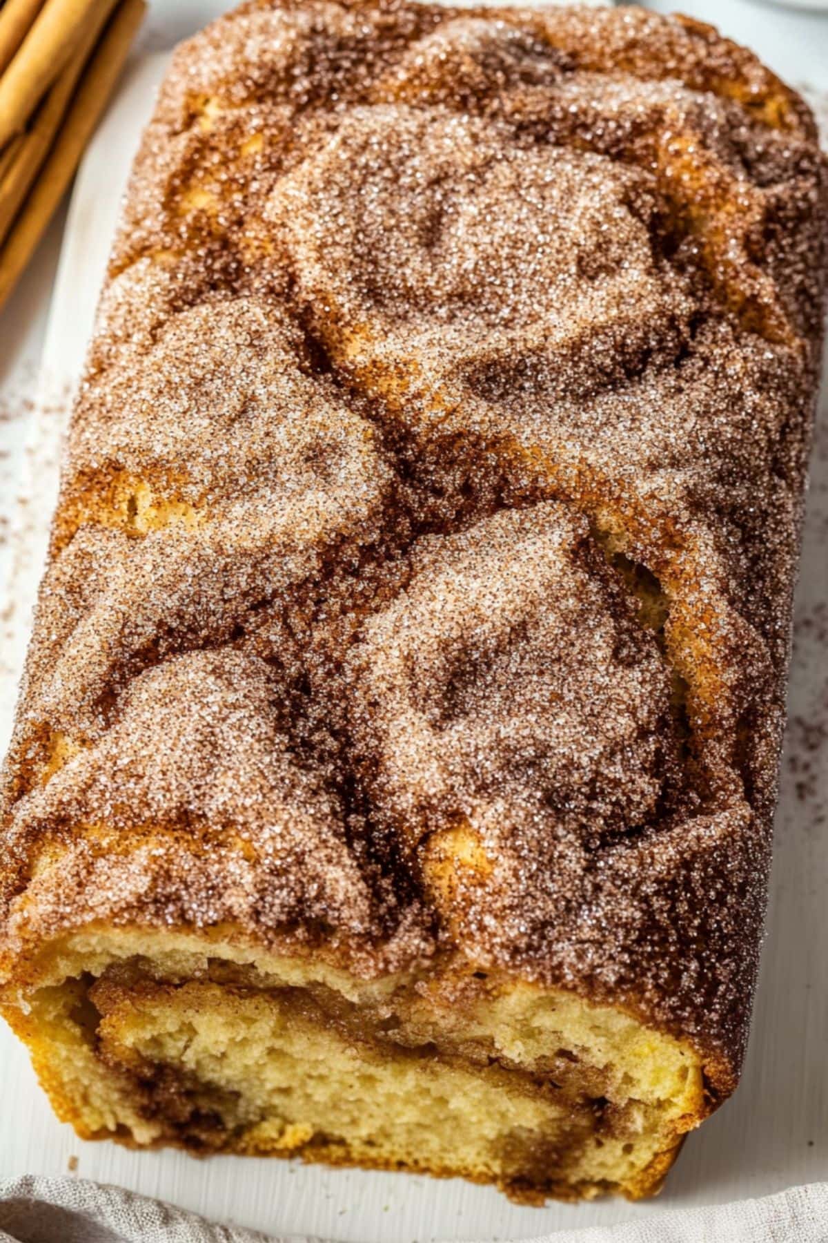 Cinnamon loaf bread covered wit5h cinnamon sugar.