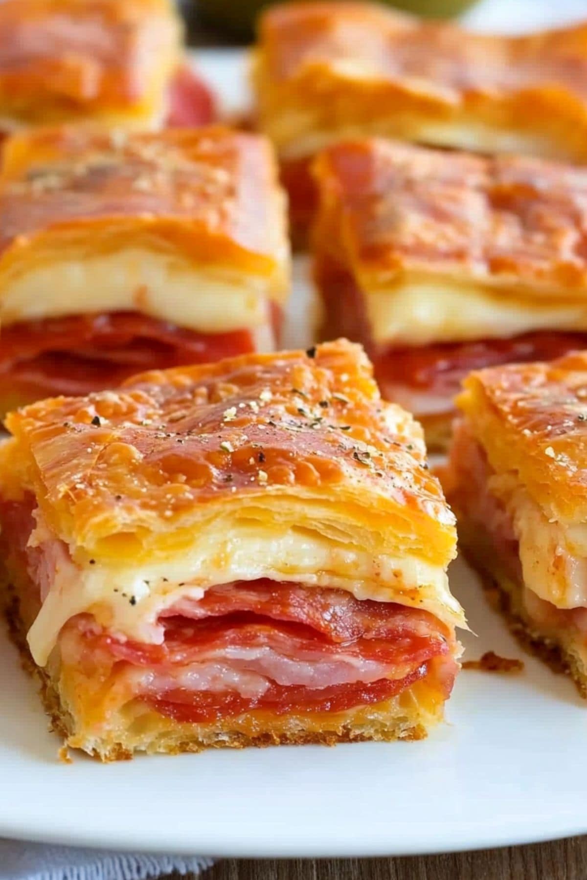 Square slices of antipasto square with layers of hams and meat and cheese inside, served in a plate.