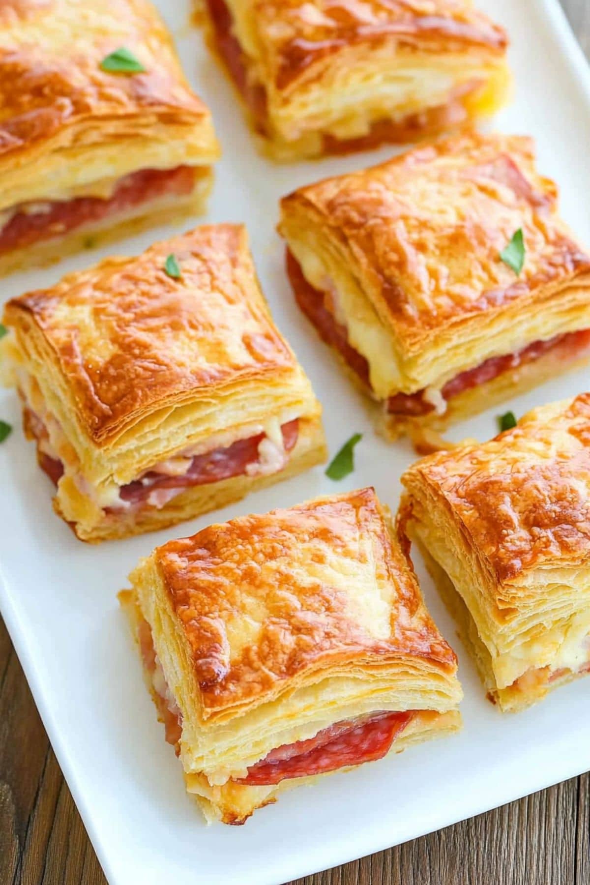 Square slices of cheesy antipasto squares arranged in rows in a white plate.