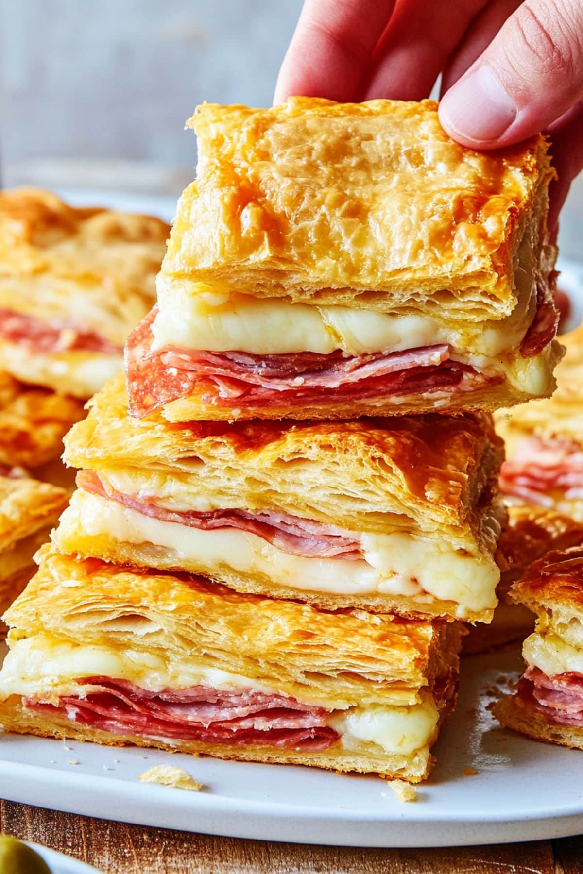 Hand picking antipasto squares from the bunch served in a plate.