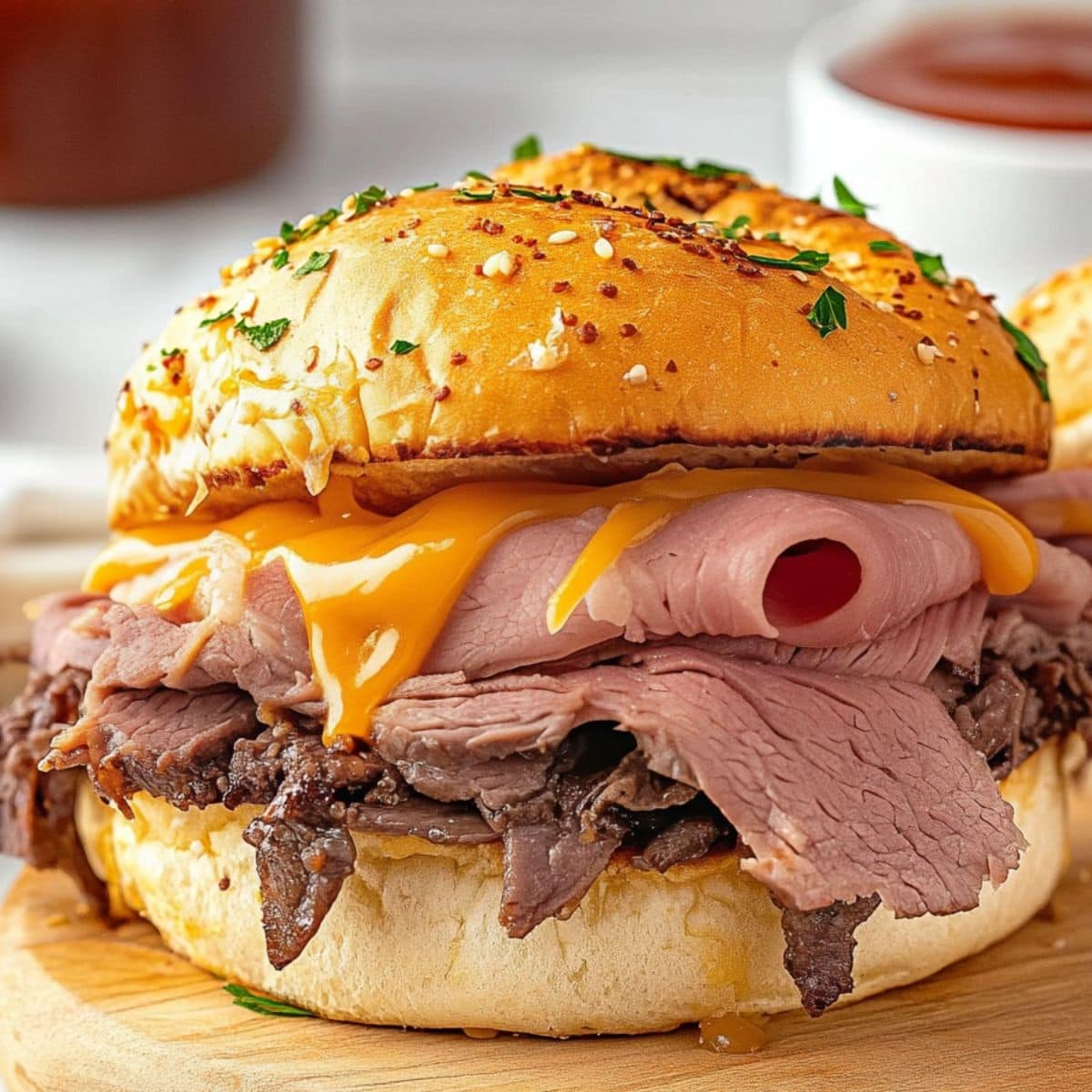 Arby's roast beef sandwich with melty cheddar cheese sauce. 