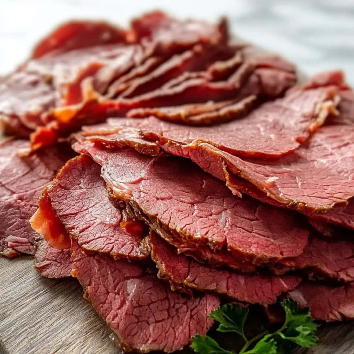 Thinly sliced roast beef on a wooden chopping board.