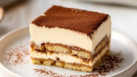 A slice of tiramisu served in a white plate.