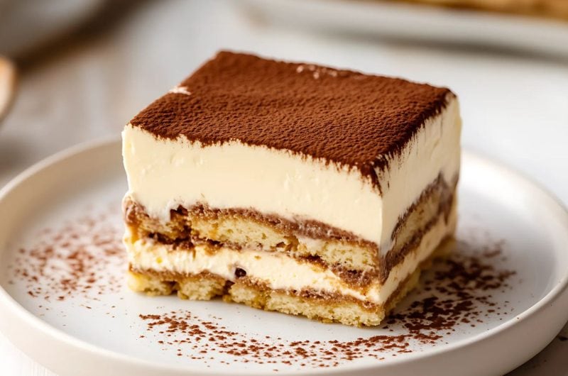 A slice of tiramisu served in a white plate.