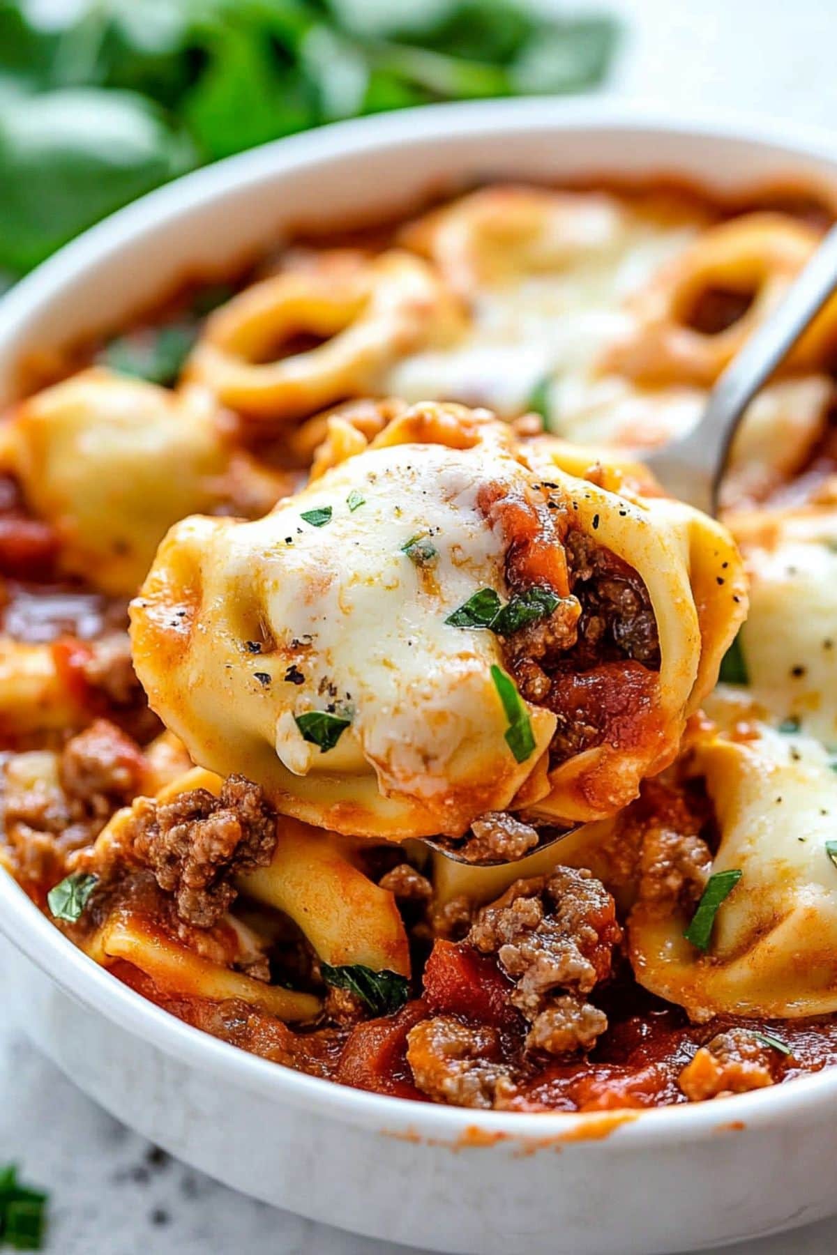 Baked tortellini served in a white bowl scooped with a spoon.