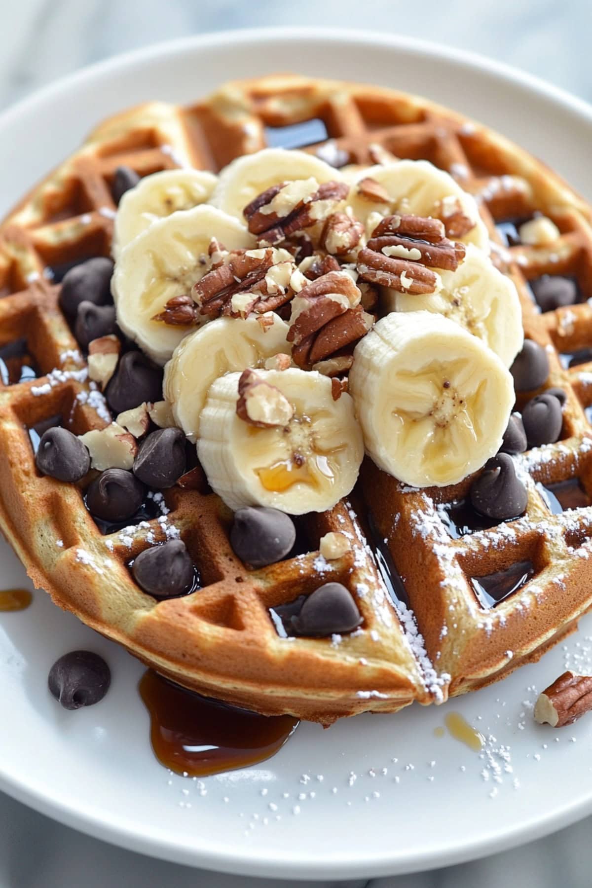 Banana Bread Waffles topped with chocolate chips, chopped nuts, bananas, and syrup, top view