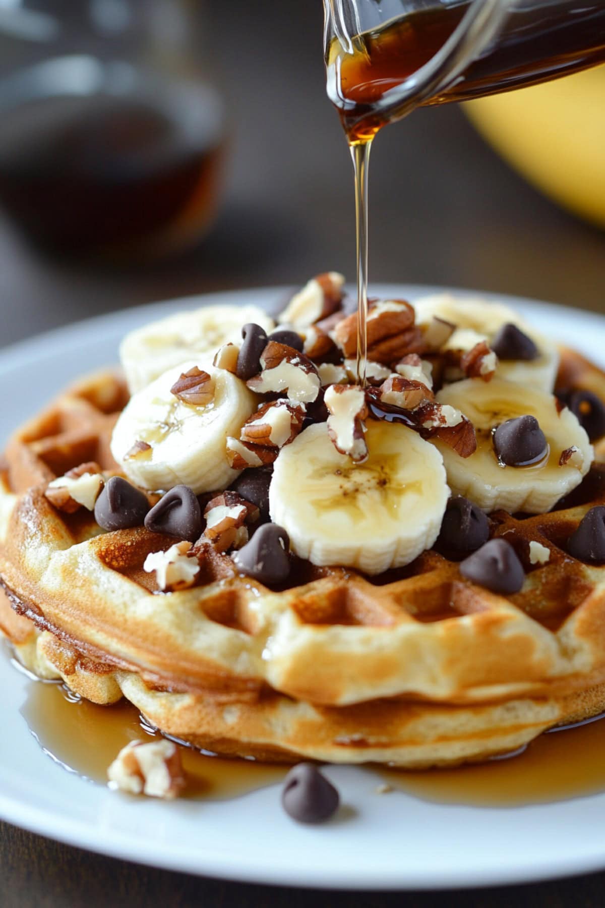 Banana Bread Waffles topped with chocolate chips, chopped nuts, bananas, and syrup