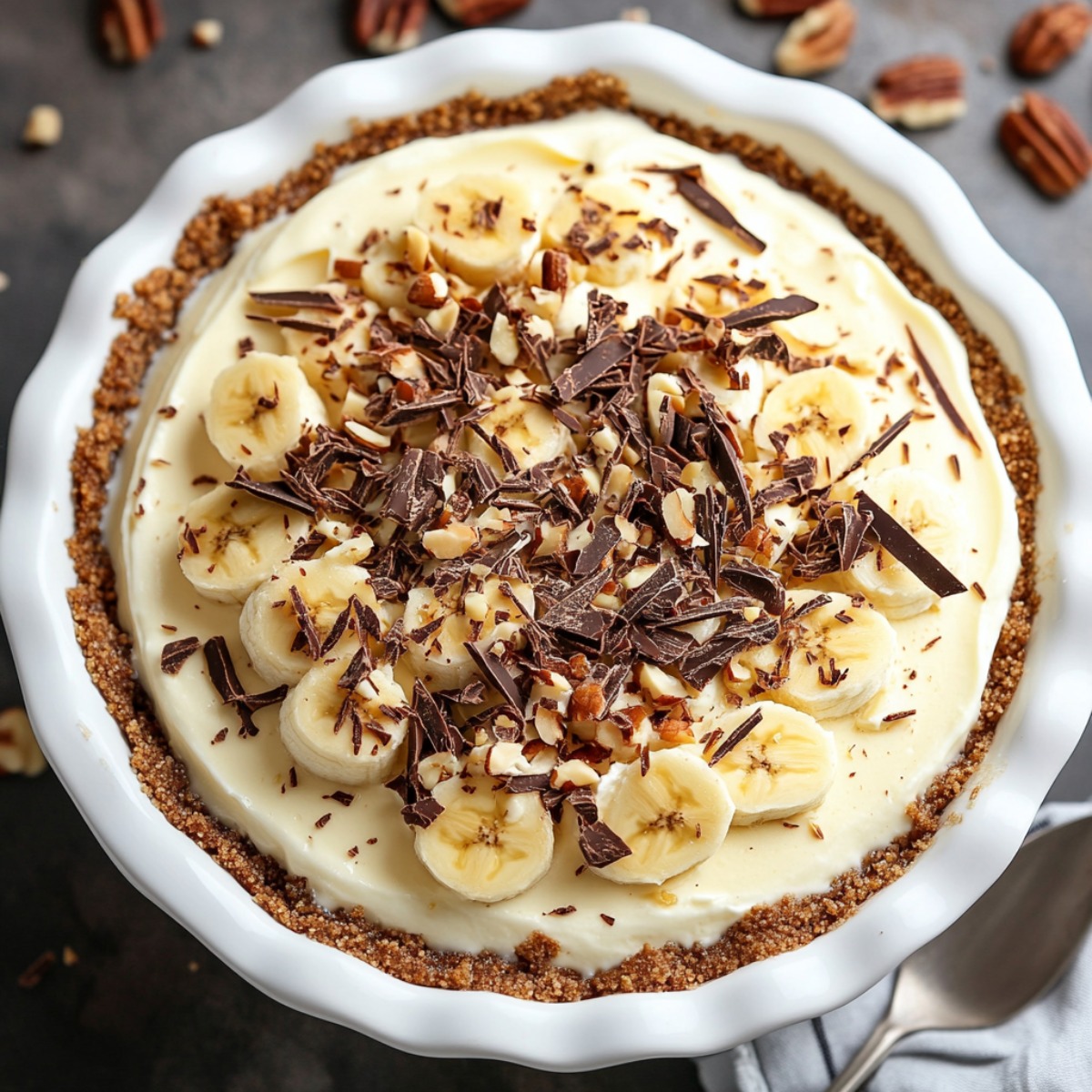 Banana Cream Pie with Chocolate Shavings and Chopped nuts, top view