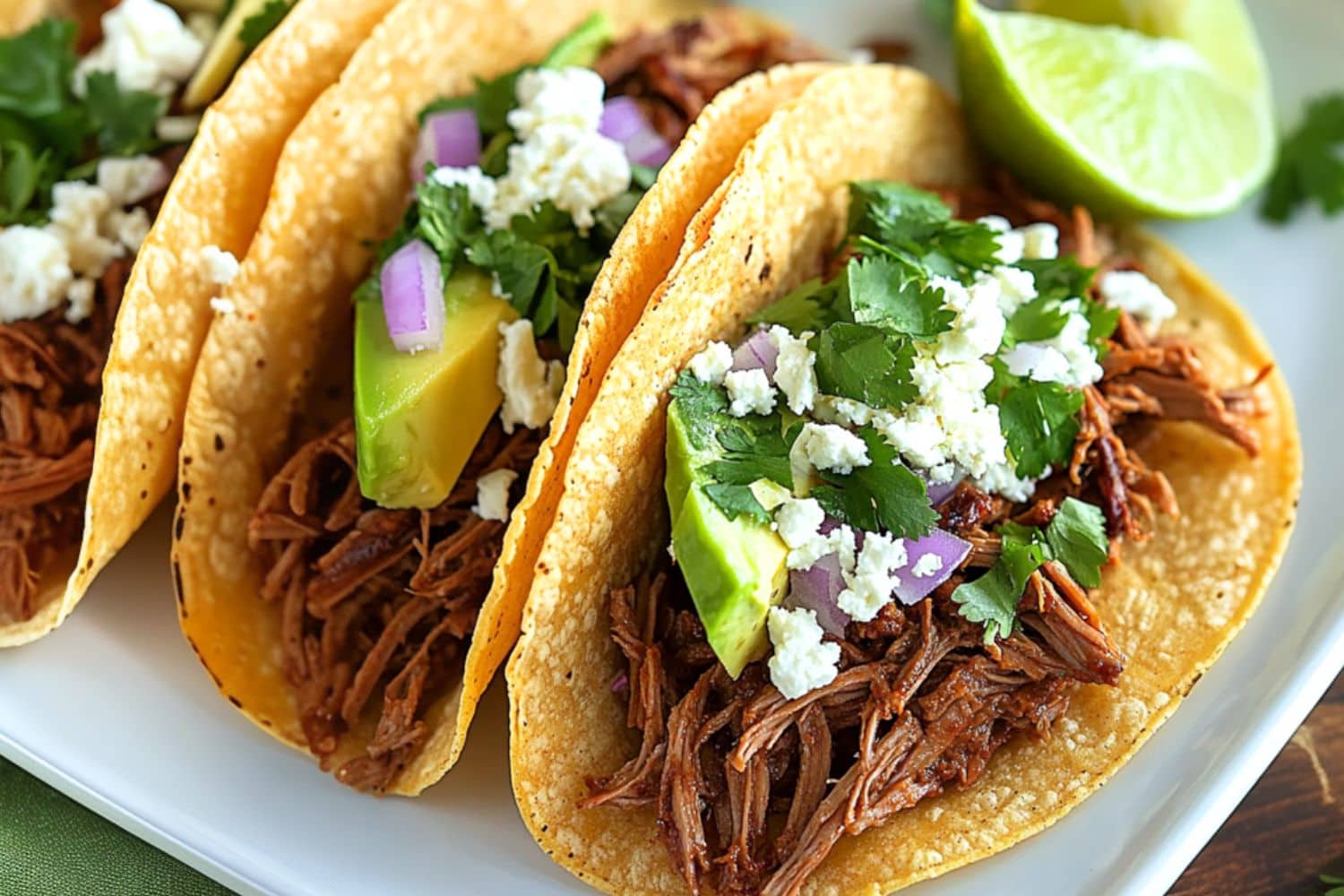 Shredded barbacoa served in corn taco shell garnished with chopped onions, avocado and parsley.