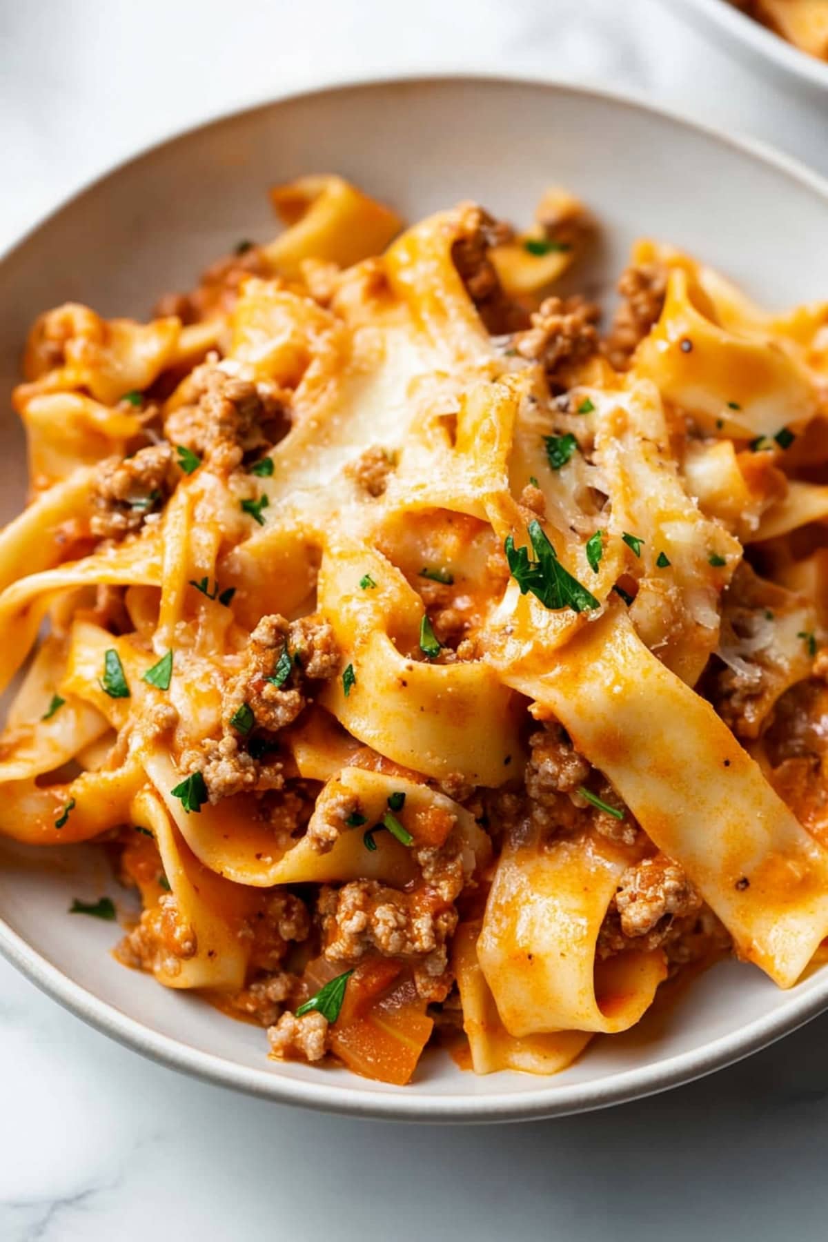 Egg noodles with ground beef, cheese and chopped parsley served in a bowl.