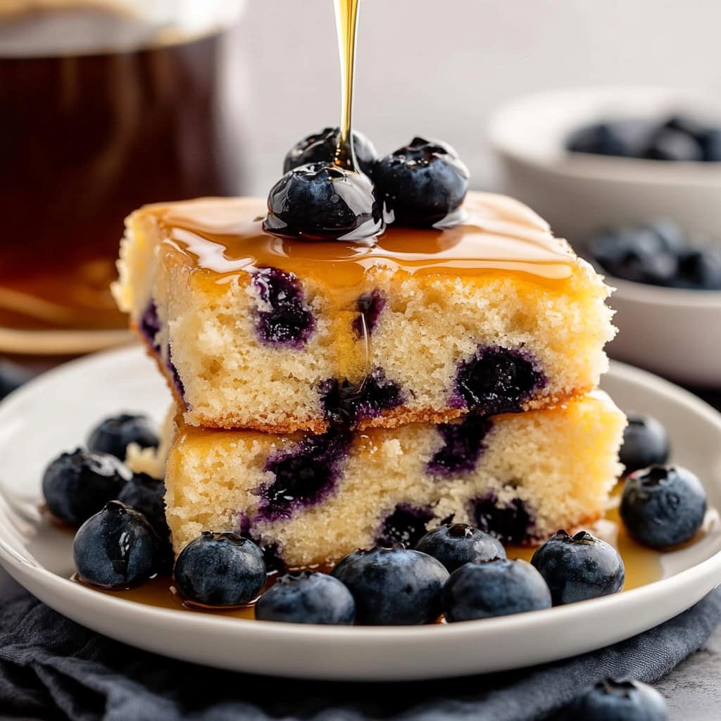 Two slices of sheet pan pancake with blueberries and maple syrup