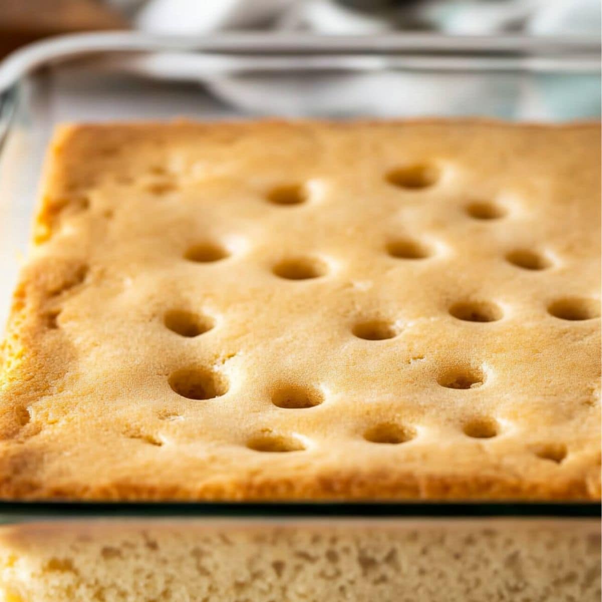 Yellow cake in a glass dish with holes poked over the top