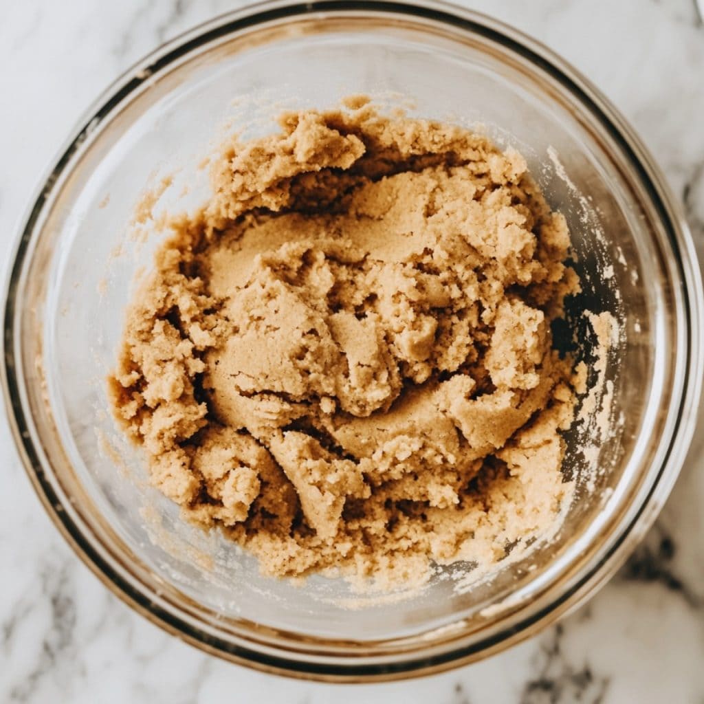 Brown Butter Snickerdoodle Cookie dough in a glass bowl, top view