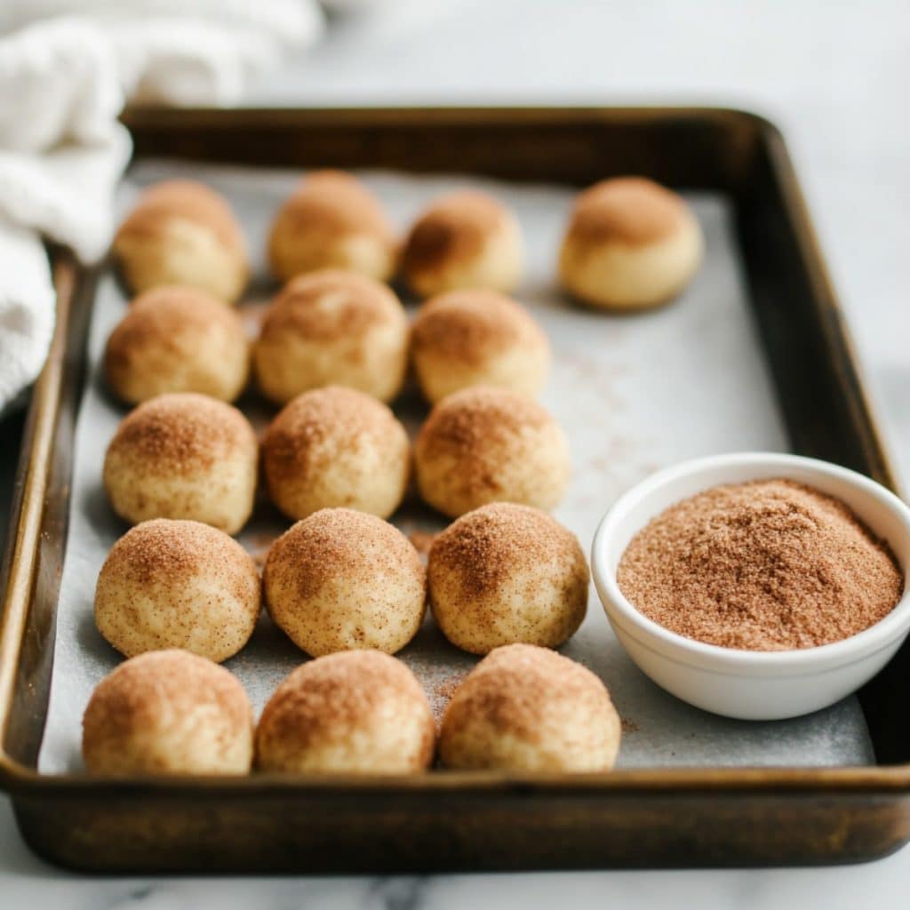 Brown Butter Snickerdoodle Cookie dough balls coated in cinnamon sugar on a baking tray