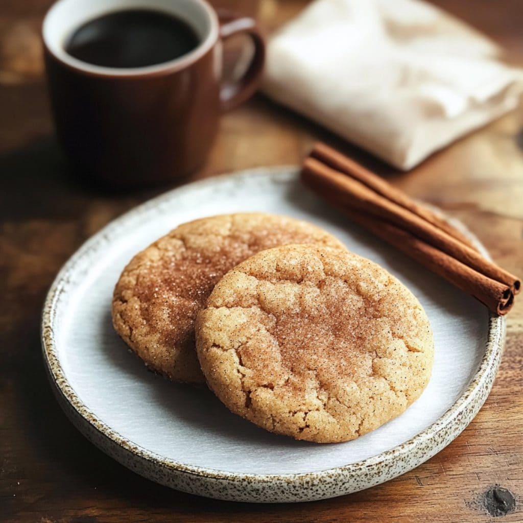 Brown Butter Snickerdoodle Cookies on a plate with coffee on the side