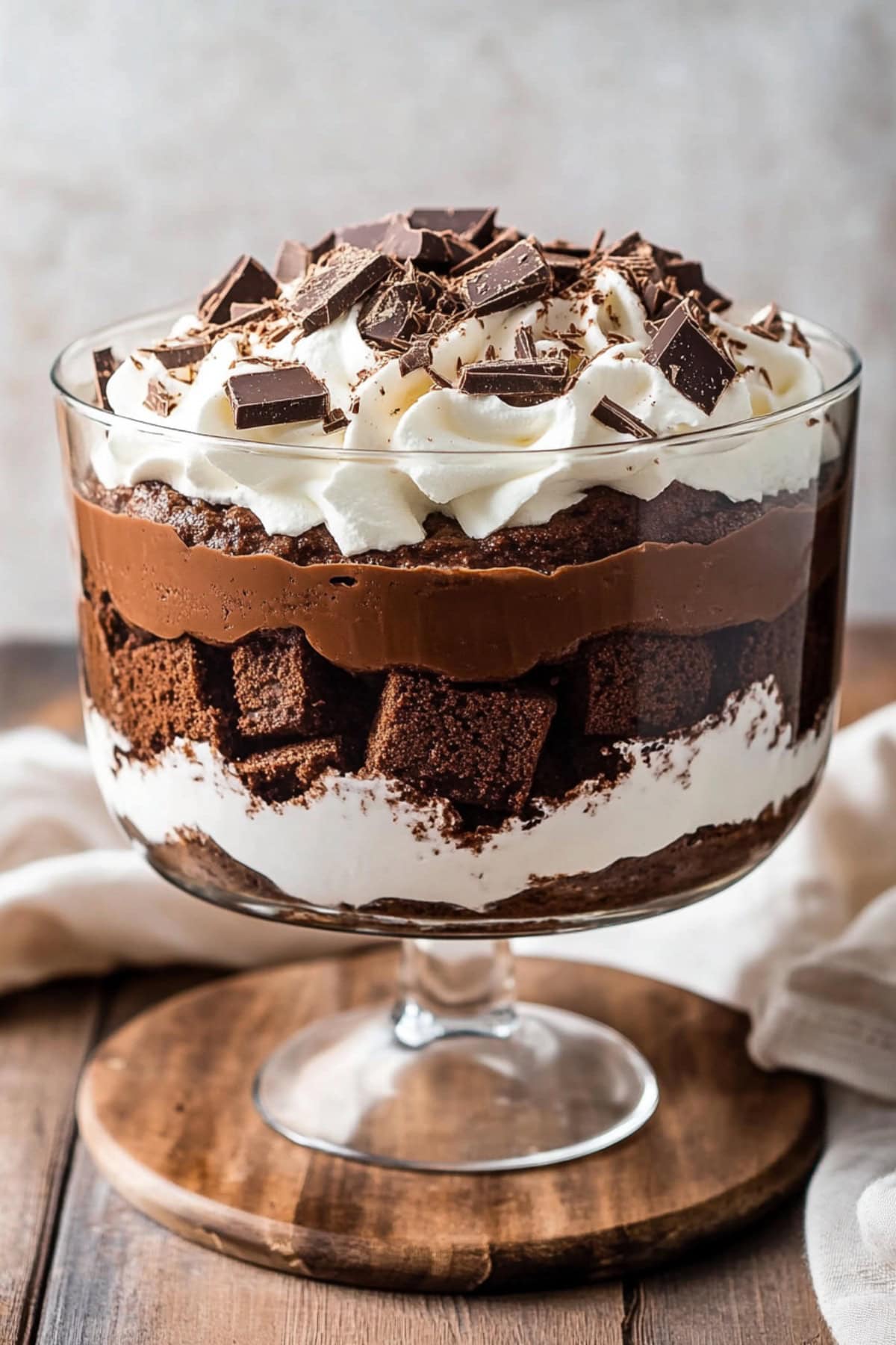 Chocolate Brownie Trifle with layers of cubed brownie, chocolate pudding, and whipped cream, side view