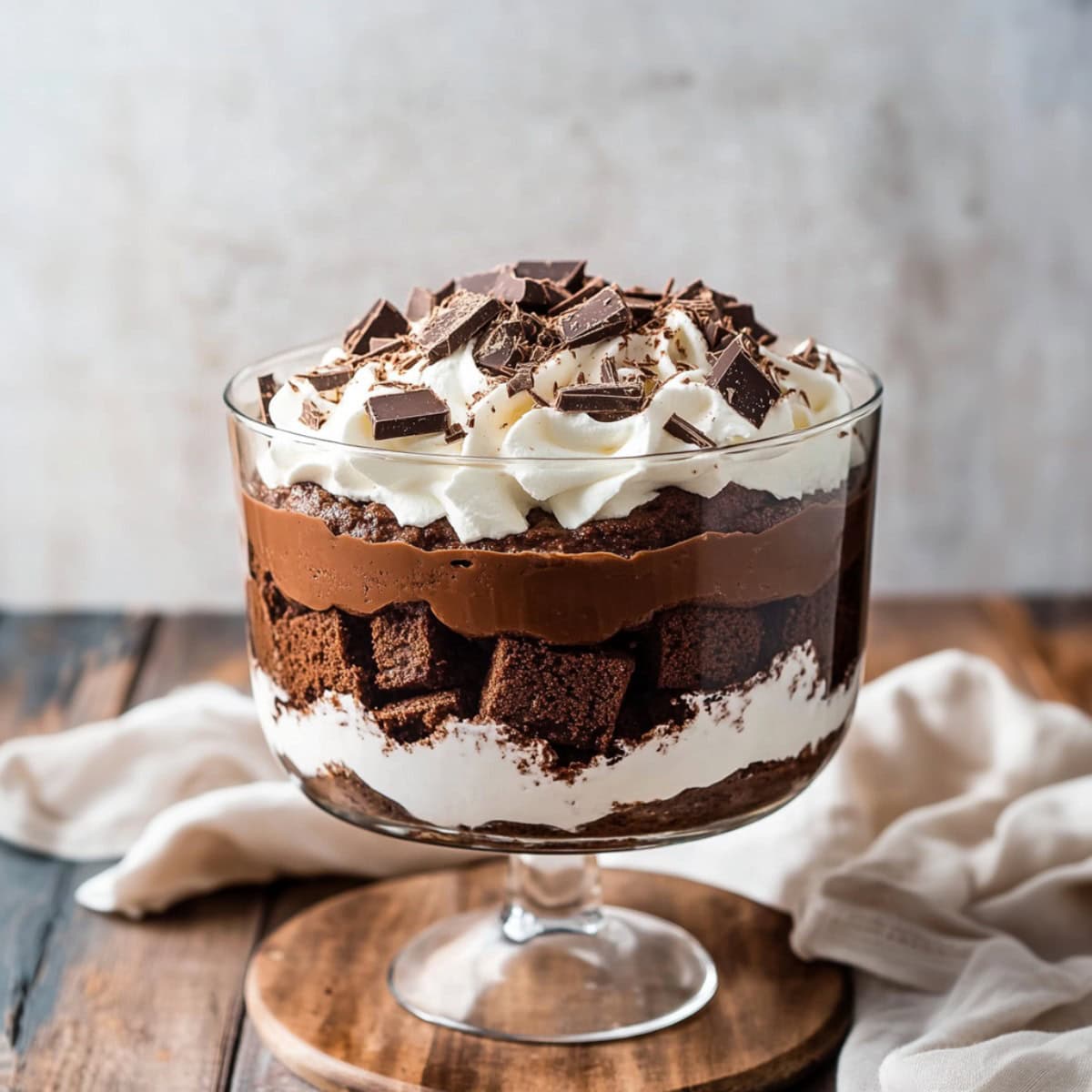 Chocolate Brownie Trifle with layers of freshly baked brownies, chocolate pudding, and whipped cream