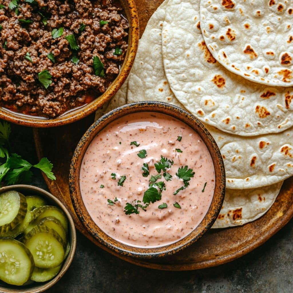 Burger sauce, pickles, ground beef, and tortillas