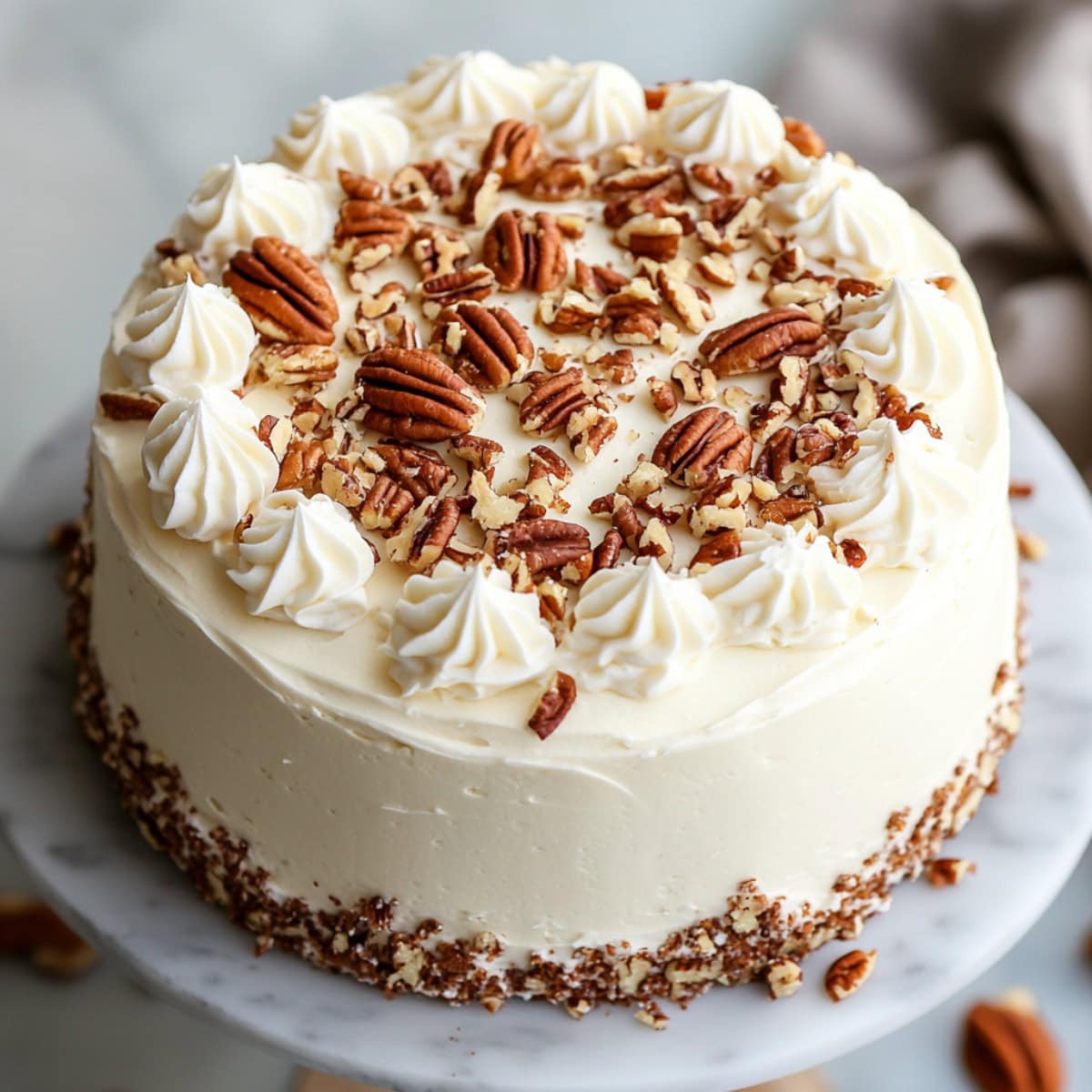 Whole Butter Pecan Cake on a Cake Stand, top view