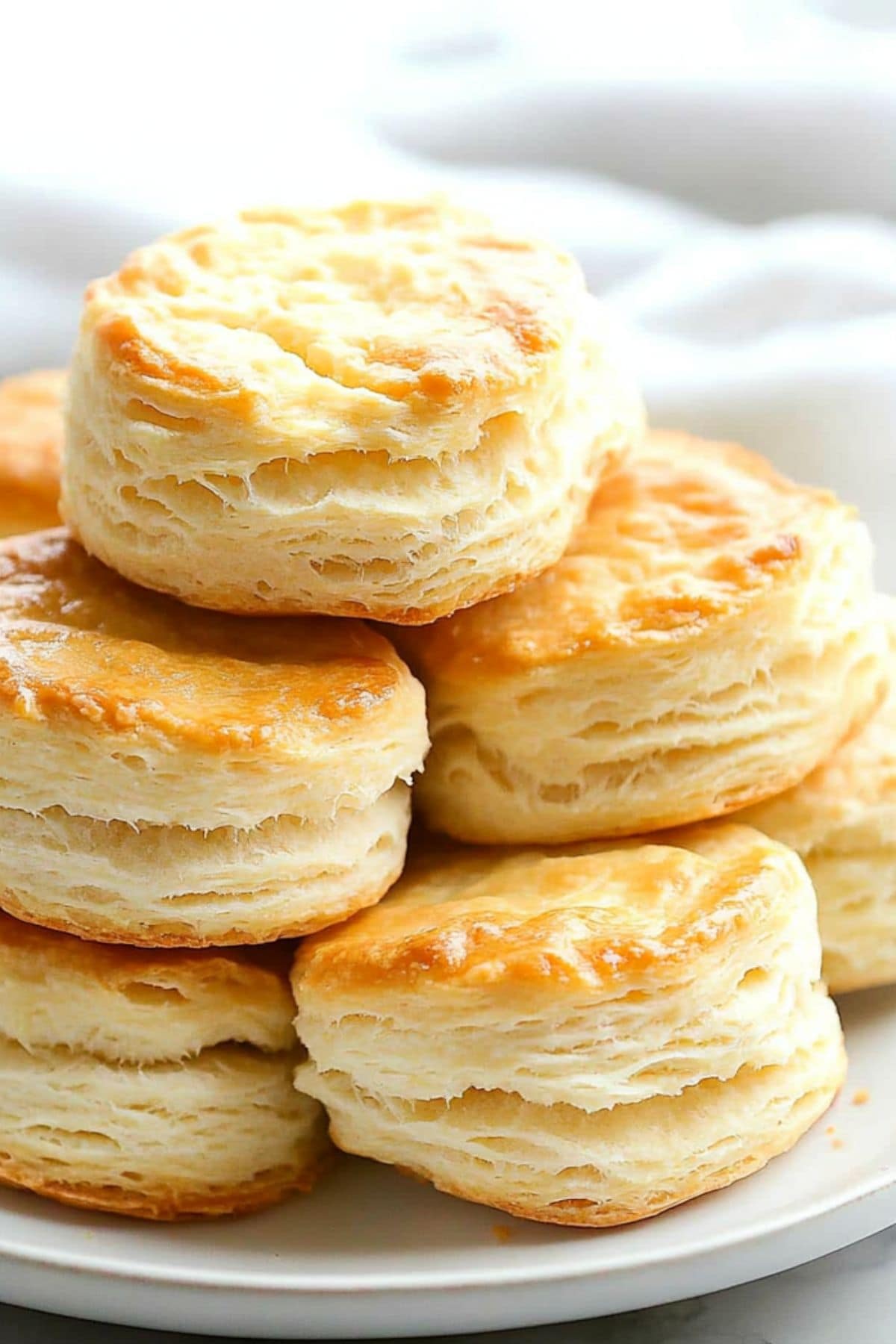 Bunch of buttermilk biscuits in a white plate.