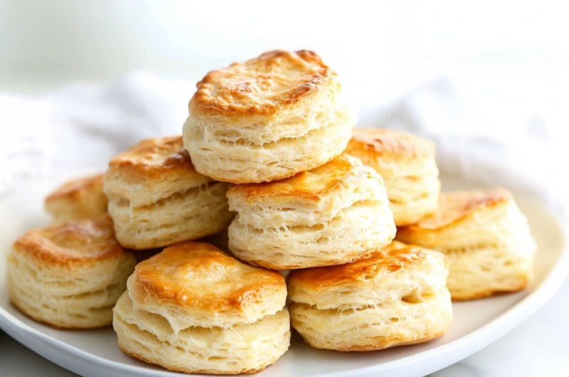 Bunch of buttermilk biscuits served in a white plate.