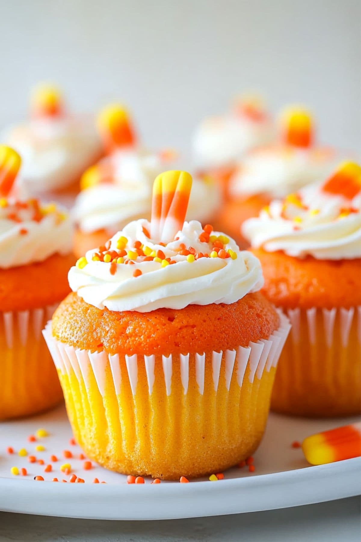 Yellow and orange candy corn cupcakes with vanilla buttercream, candy corn, and spinkles, on the plate, side view