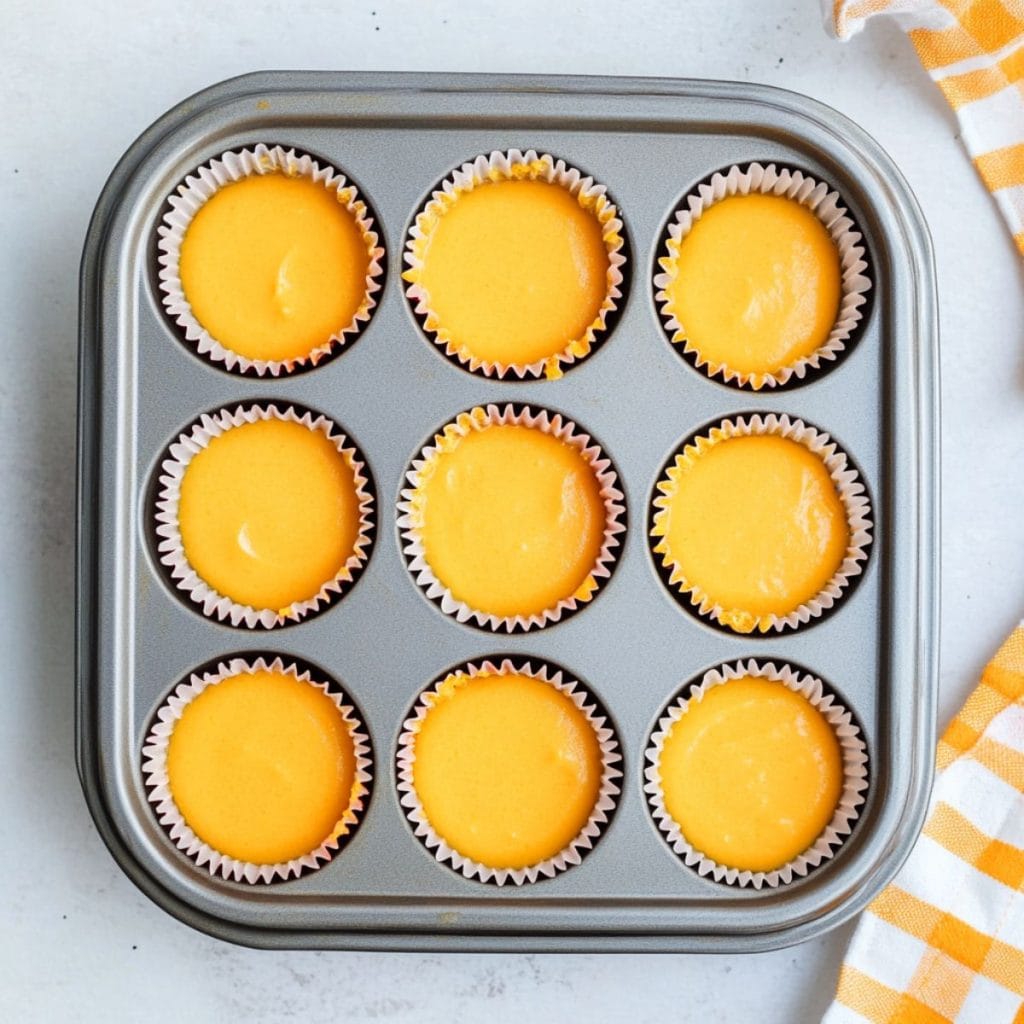 Orange cupcake batter inside cupcake tin, top view