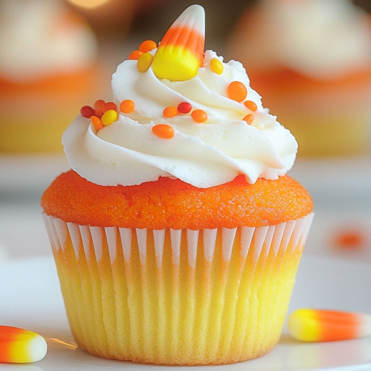 Candy corn inspired cupcake topped with vanilla buttercream, candy corn and sprinkles.