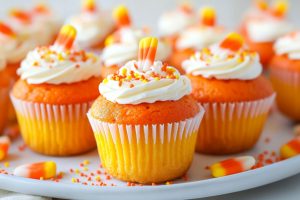 Bunch of orange and yellow colored cupcakes garnished with whipped cream, candy sprinkles and candy corn.