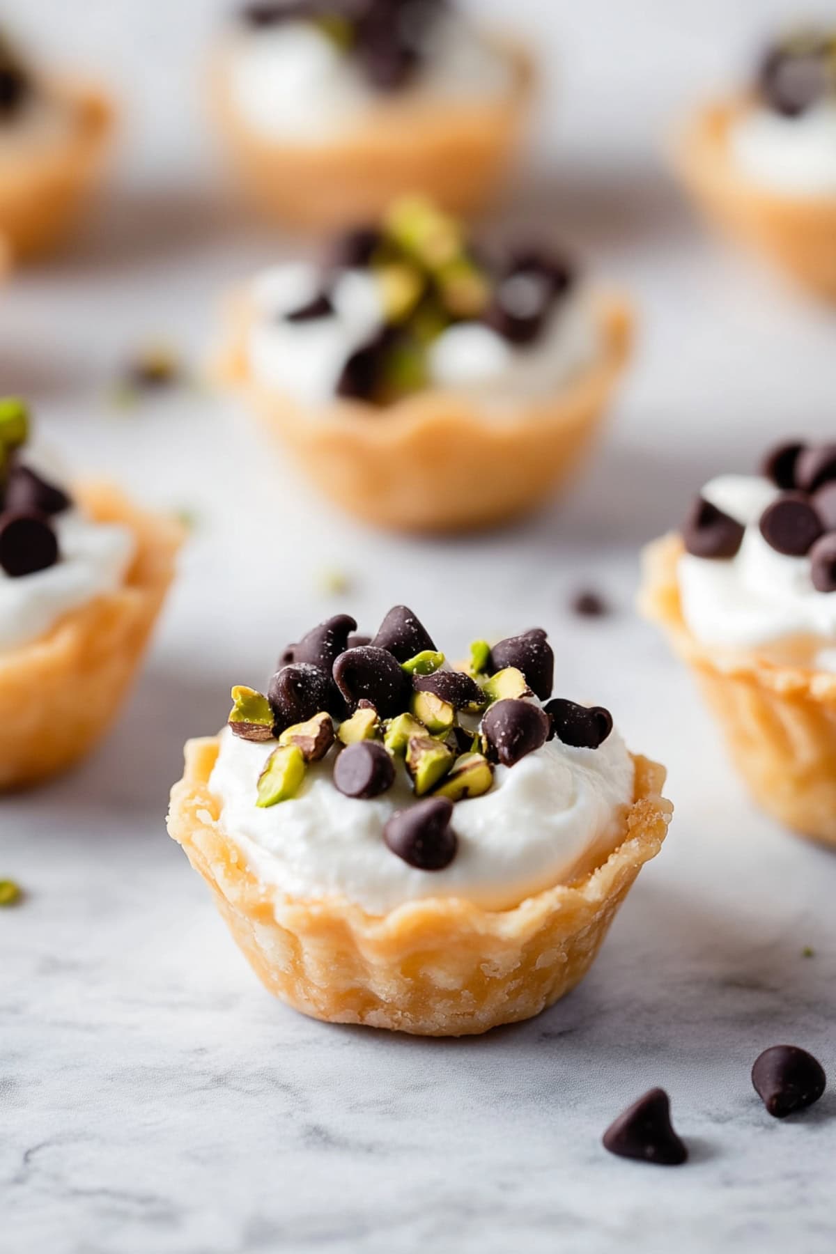 Cannoli Bites with Chocolate Chips and Chopped Pistachios, Side View