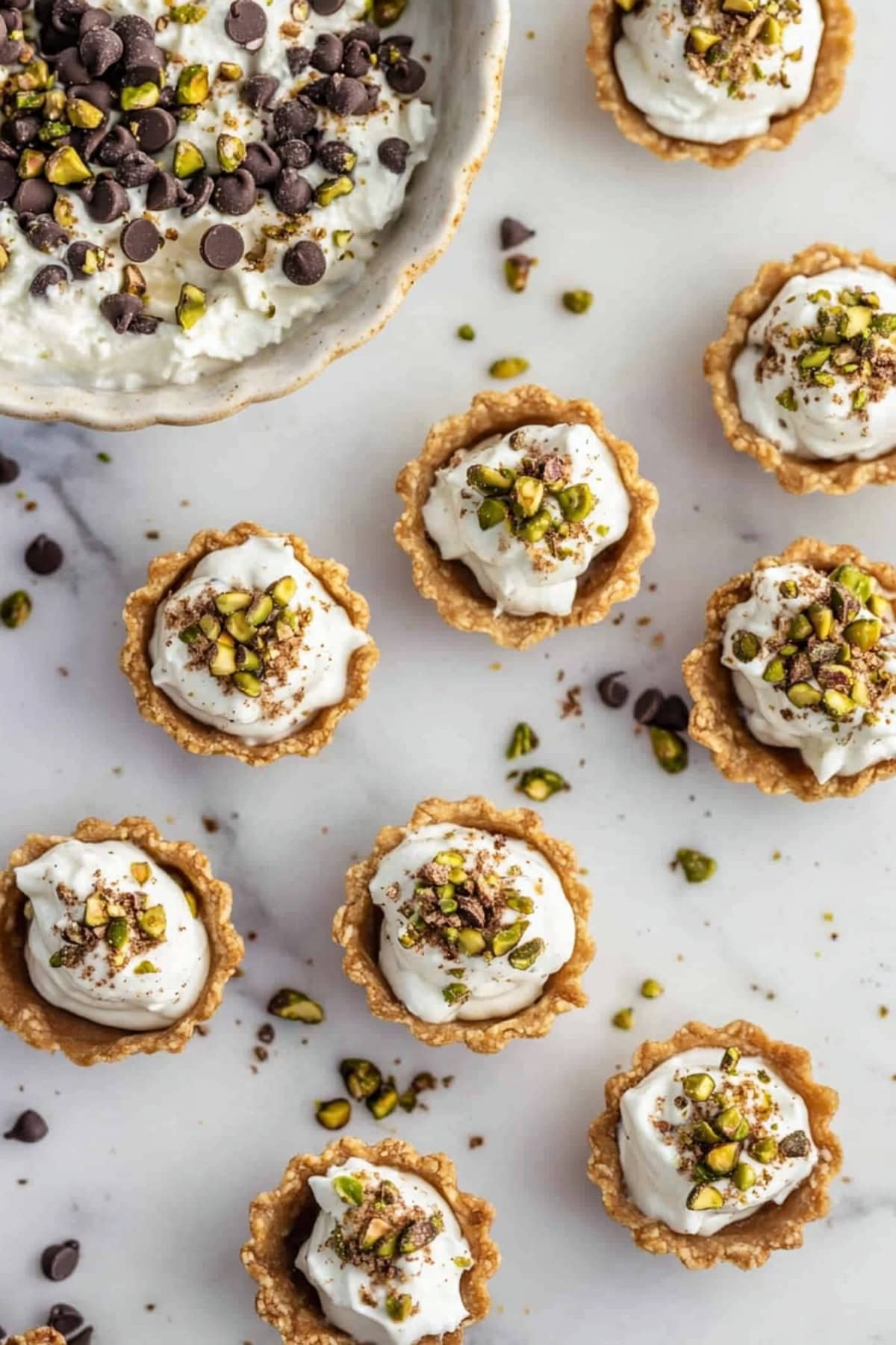 Cannoli Bites with Chocolate Chips and Chopped Pistachios, Top View