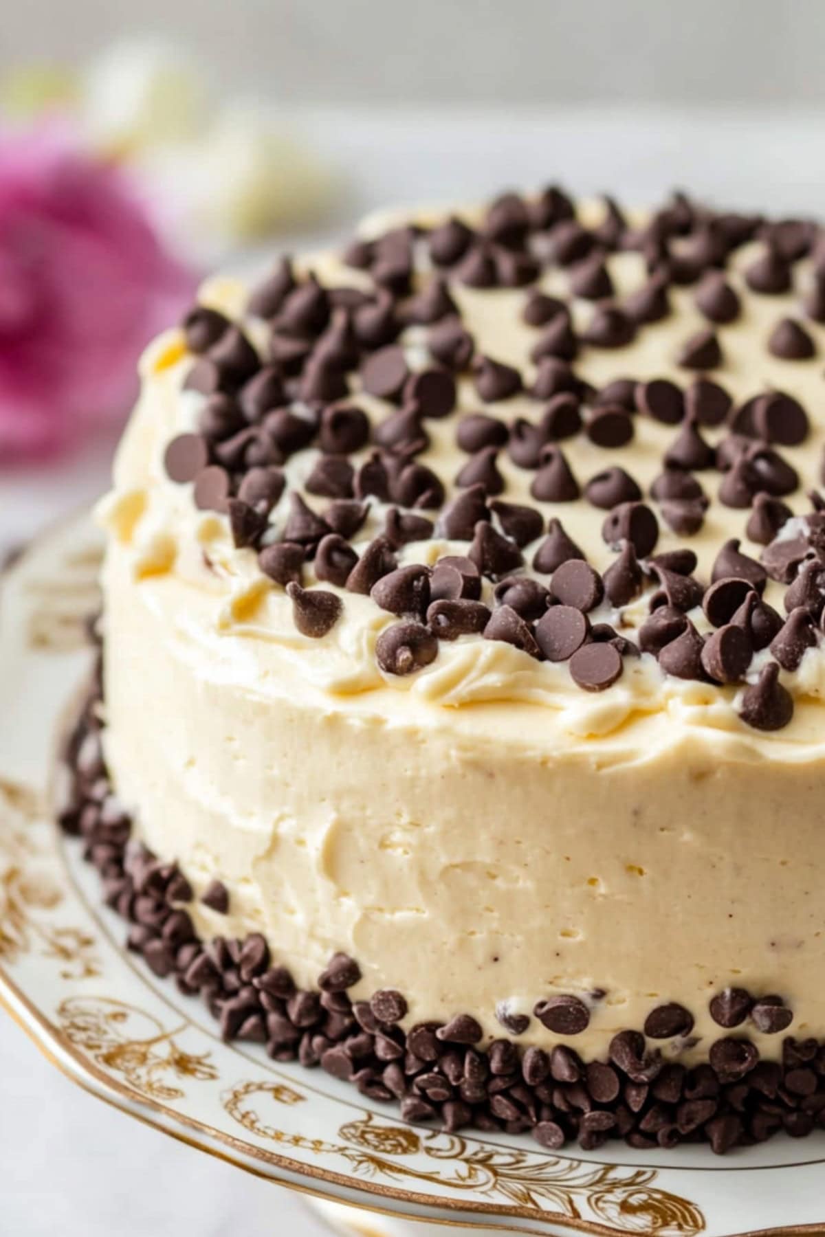 Cannoli Cake on a Serving Plate with Chocolate Chips