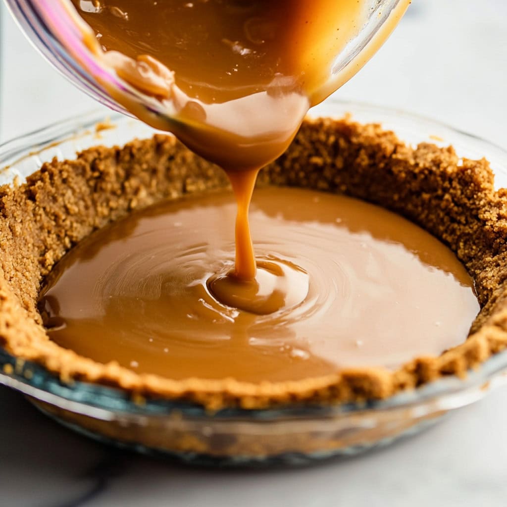 Caramel being poured into a graham cracker pie crust, close up