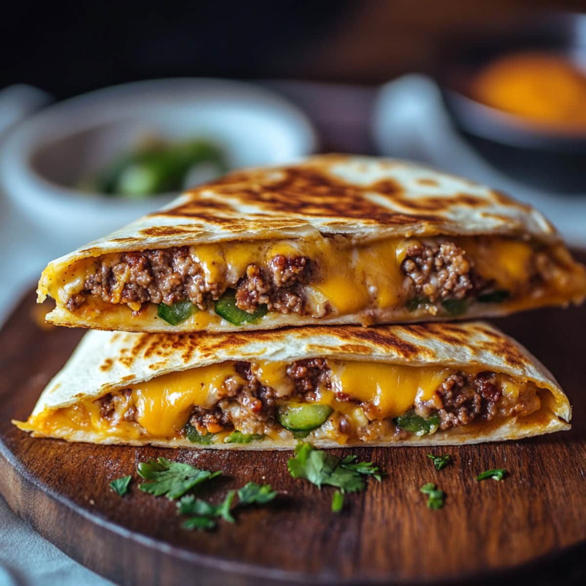 Cheeseburger Quesadilla on a chopping board, cut in half, side view