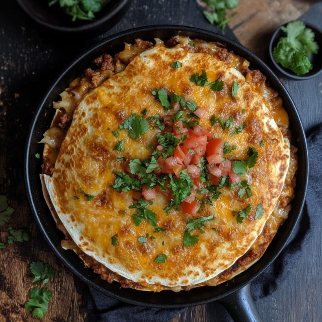 Cheeseburger Quesadilla in a Skillet topped with extra cheese and diced tomatoes